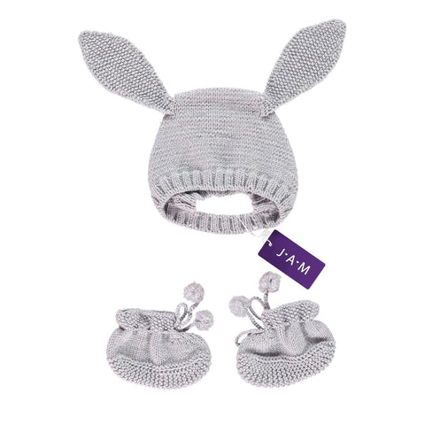Hand knitted Bunny Hat and Booties Set - Grey