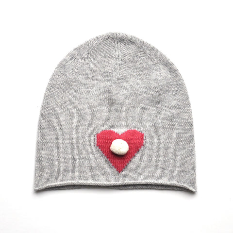 Cashmere Beanie with Heart and Mini Pompom - Grey  Girls Hat JAM London