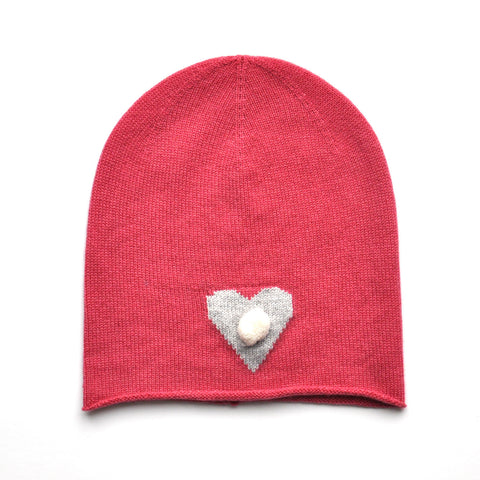 Cashmere Beanie with Heart and Mini Pompom - Pink  Girls Hat JAM London