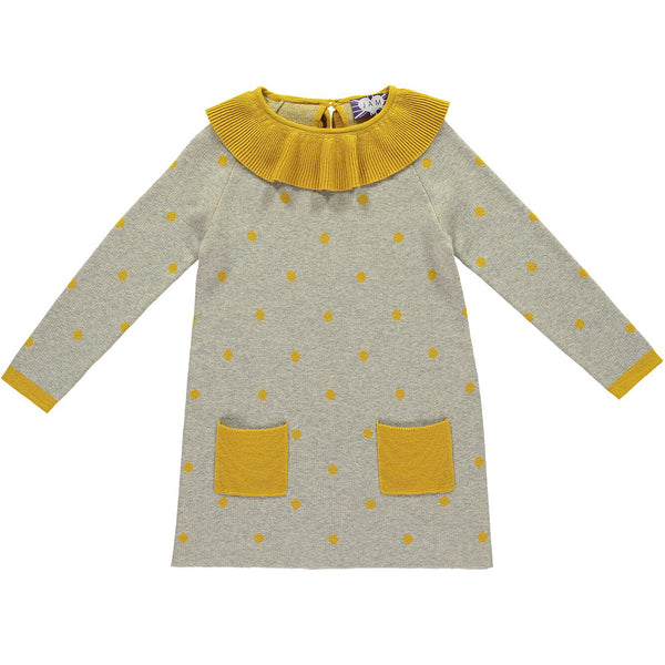 Pierrot Grey Polka Dot Dress - Mustard Yellow  Dress JAM London
