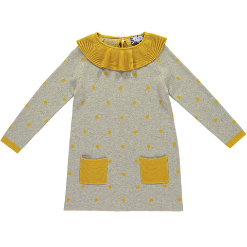 Pierrot Grey Polka Dot Dress - Mustard Yellow  Dress JAM London