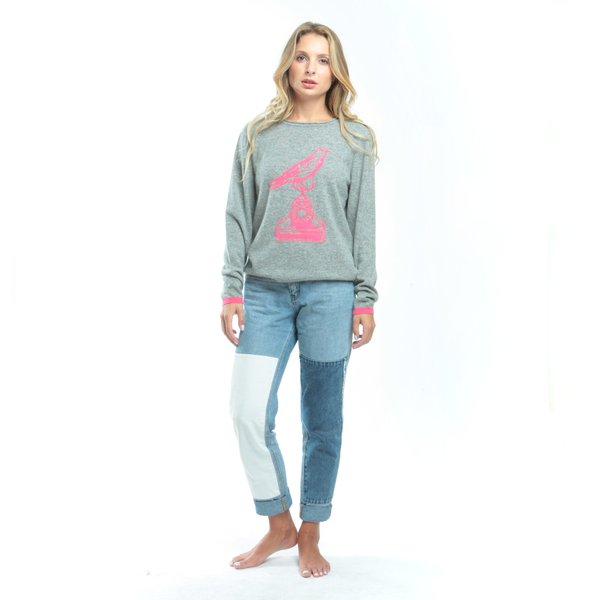 Neon Pink Bird Cashmere Women's Jumper - Grey  Jumper JAM London