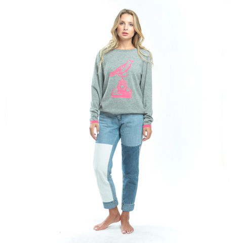 Neon Pink Bird Cashmere Women's Jumper - Grey  Jumper JAM London