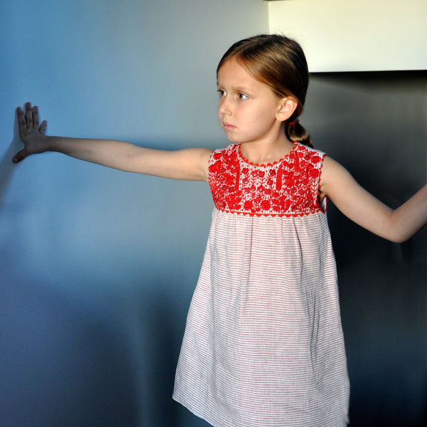 Iris Embroidered Sleeveless Stripe Girls Dress - Red  Girls Dress JAM London