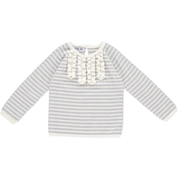 MILA Cream Stripe Ruffle Girls Jumper - Grey  Girls Jumper JAM London