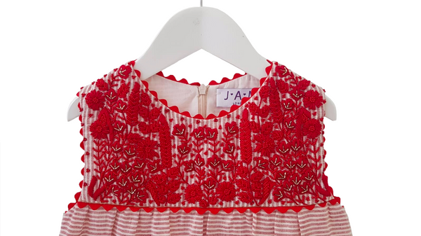Iris Embroidered Sleeveless Stripe Girls Dress - Red  Girls Dress JAM London