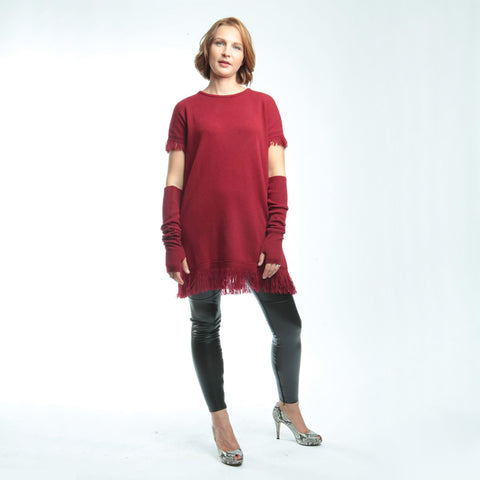 Fringe Hem Women's Tunic With Arm Warmers - Burgundy  tunic JAM London