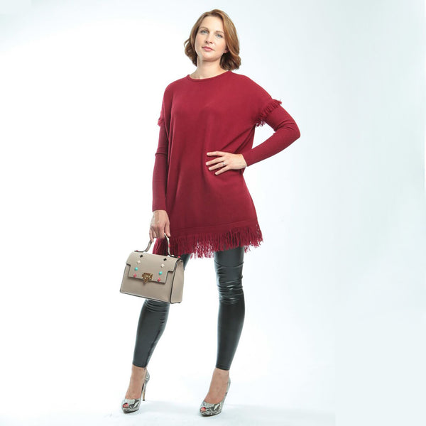 Fringe Hem Women's Tunic With Arm Warmers - Burgundy  tunic JAM London