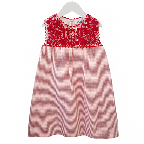 Iris Embroidered Sleeveless Stripe Girls Dress - Red  Girls Dress JAM London