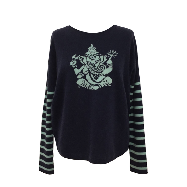 Ganesha Motif Cashmere Women's Jumper - Navy  Jumper JAM London