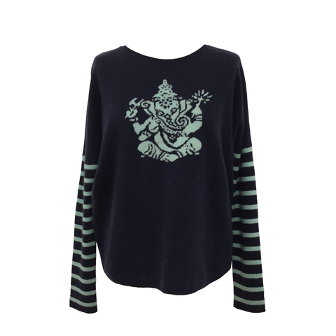 Ganesha Motif Cashmere Women's Jumper - Navy  Jumper JAM London